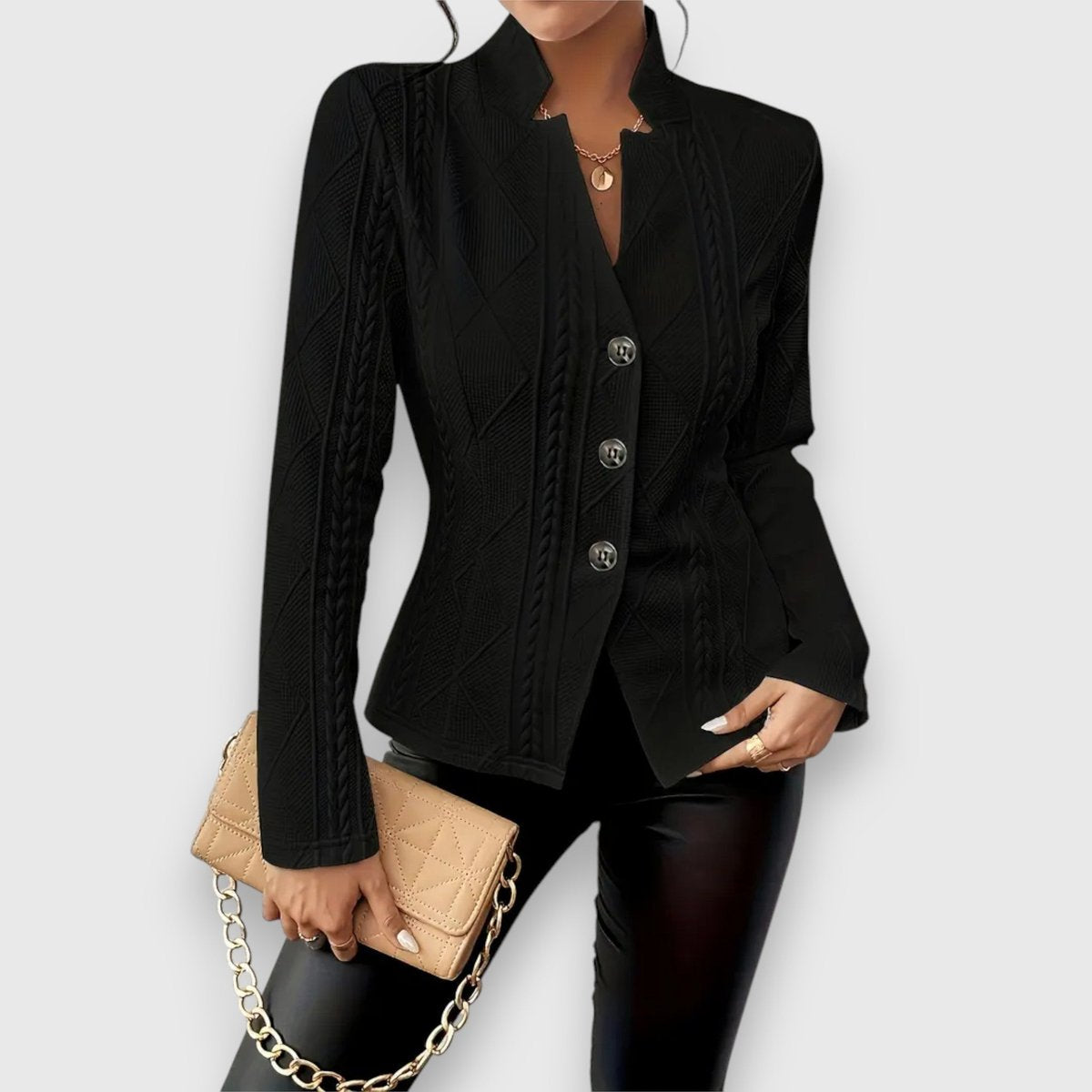 Loretta — Cardigan con Bottoni e Lavorazione a Trecce e Rombi
