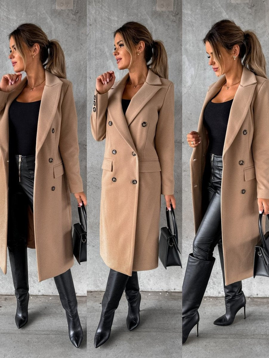 Emilia — Cappotto Midi Doppiopetto con Maniche Lunghe