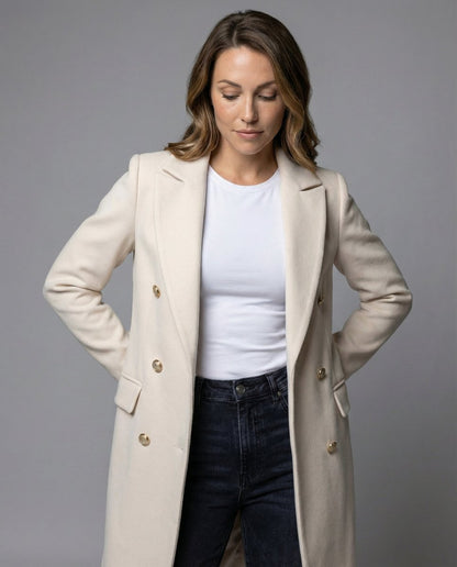 Emilia — Cappotto Midi Doppiopetto con Maniche Lunghe