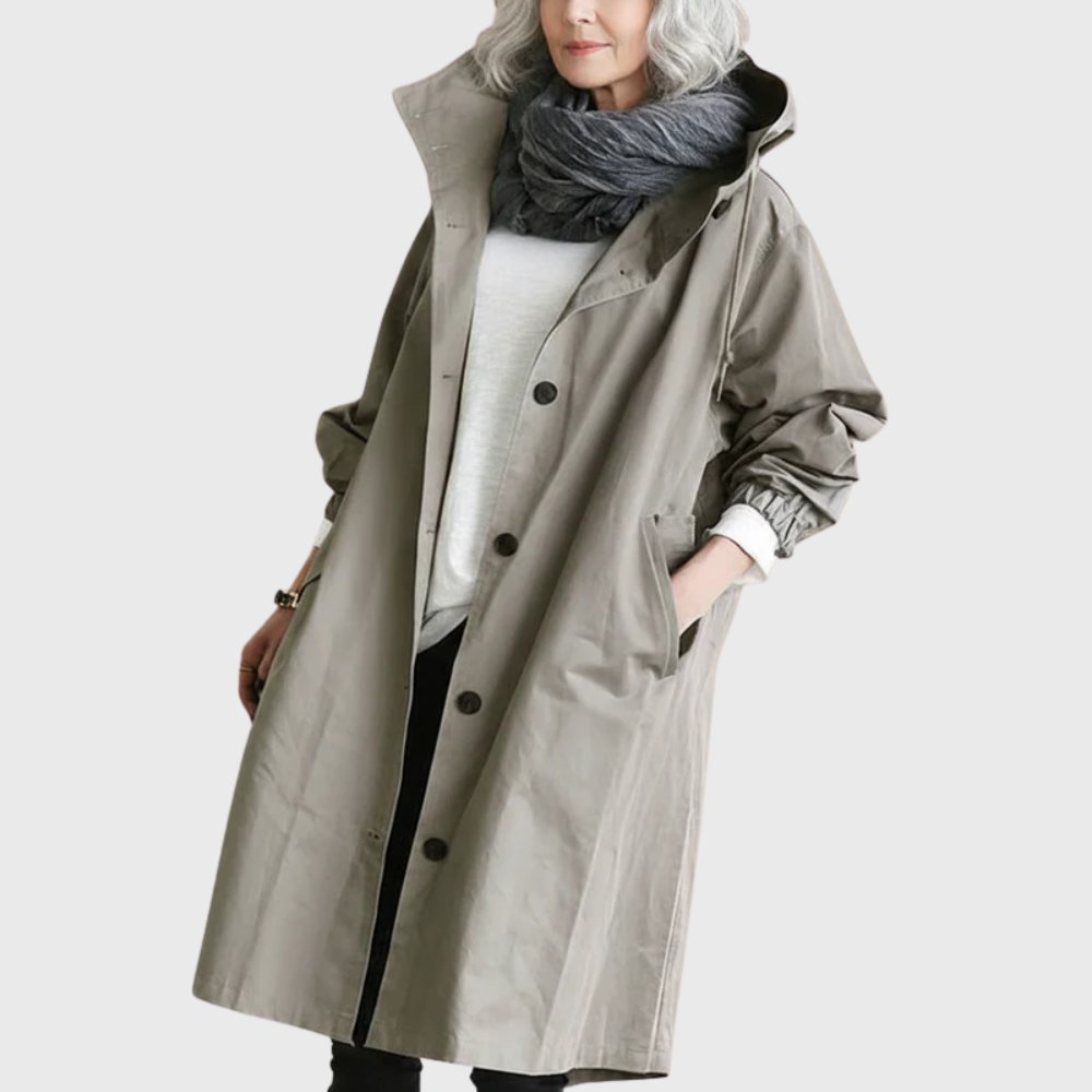 Rita — Trench Lungo Morbido con Cappuccio e Tasche