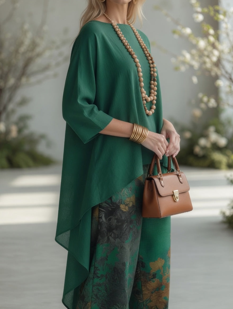 Ileana, completo tunica asimmetrica e pantalone ampio a fiori acquerello, verde smeraldo, dettaglio