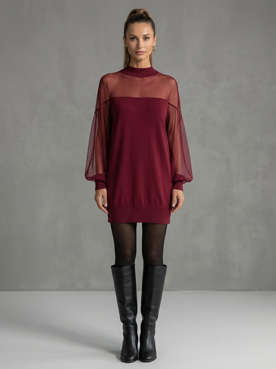 Zefira — mini abito bordeaux con maniche a palloncino in rete trasparente, vista frontale