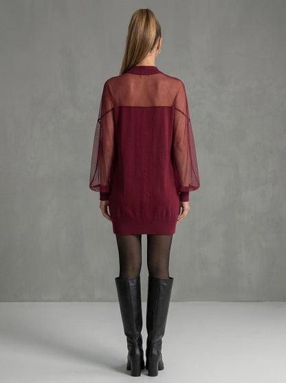 Zefira — mini abito bordeaux con maniche a palloncino in rete trasparente, vista posteriore