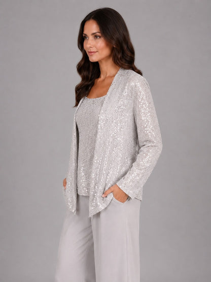 Zelinda, giacca aperta in paillettes e top smanicato, argento, vista di profilo