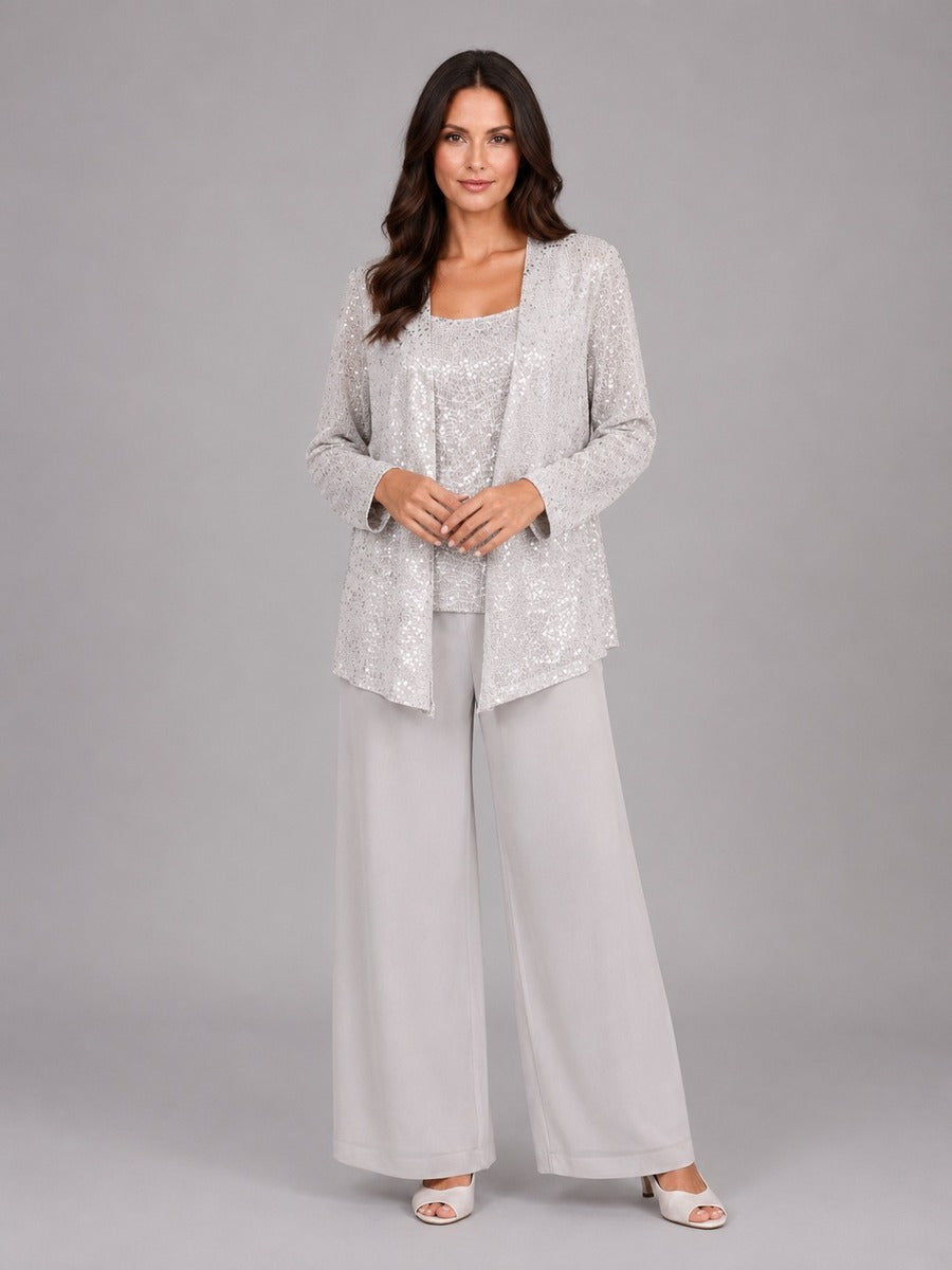 Zelinda, completo tre pezzi con giacca aperta in paillettes, top e pantaloni a gamba larga, argento