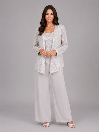 Zelinda, completo tre pezzi con giacca aperta in paillettes, top e pantaloni a gamba larga, argento