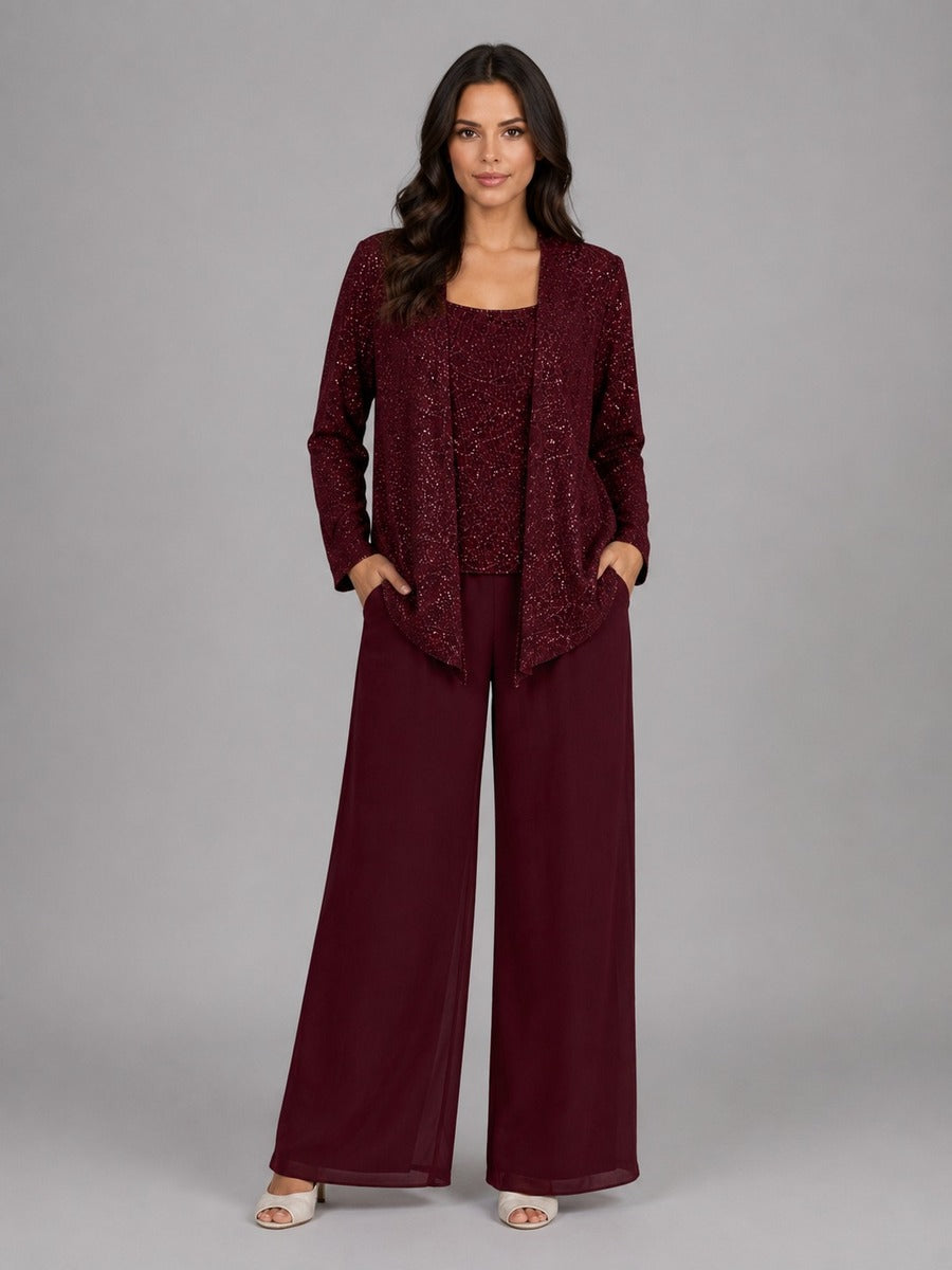 Zelinda, completo tre pezzi con giacca aperta in paillettes, top e pantaloni a gamba larga, bordeaux