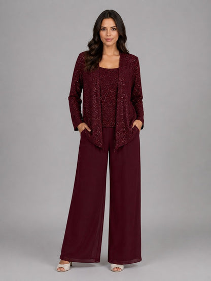 Zelinda, completo tre pezzi con giacca aperta in paillettes, top e pantaloni a gamba larga, bordeaux