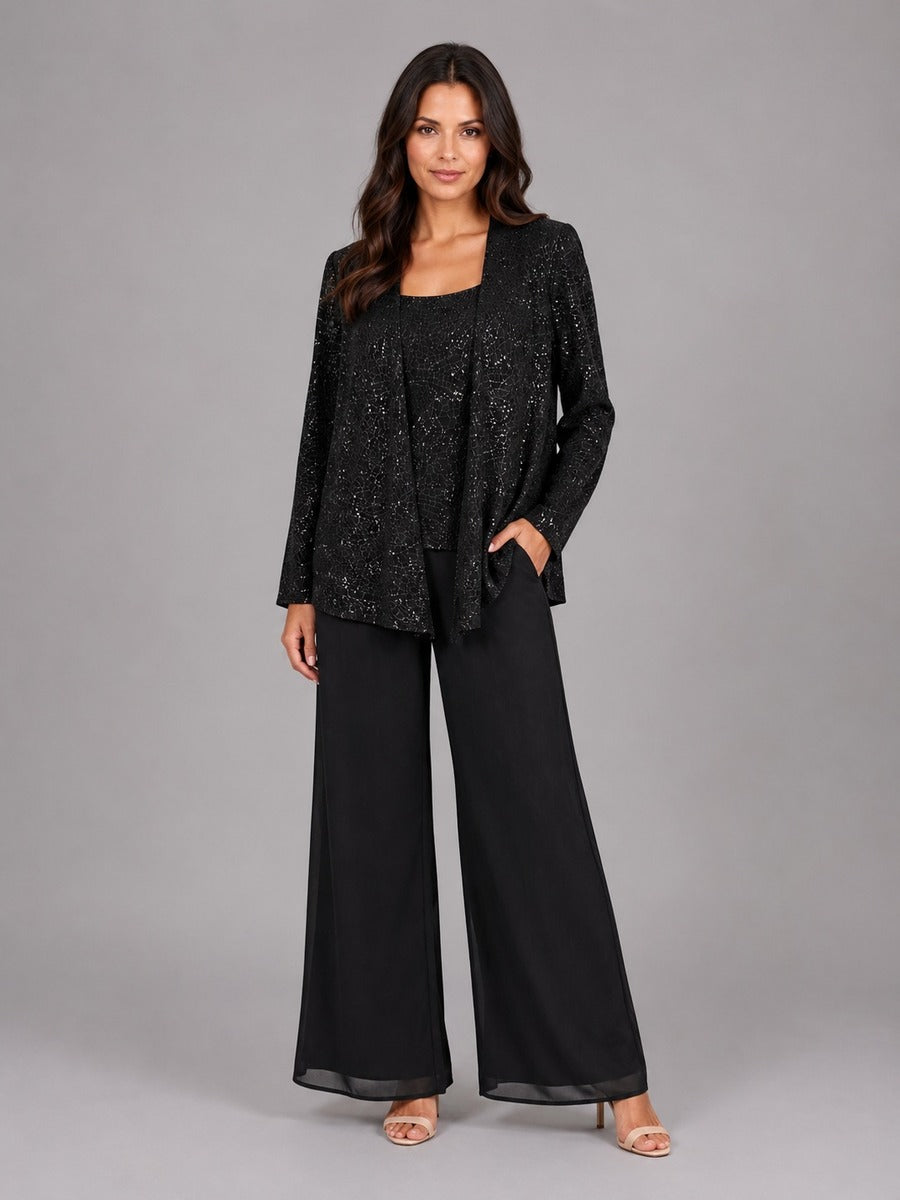 Zelinda, completo tre pezzi con giacca aperta in paillettes, top e pantaloni a gamba larga, nero