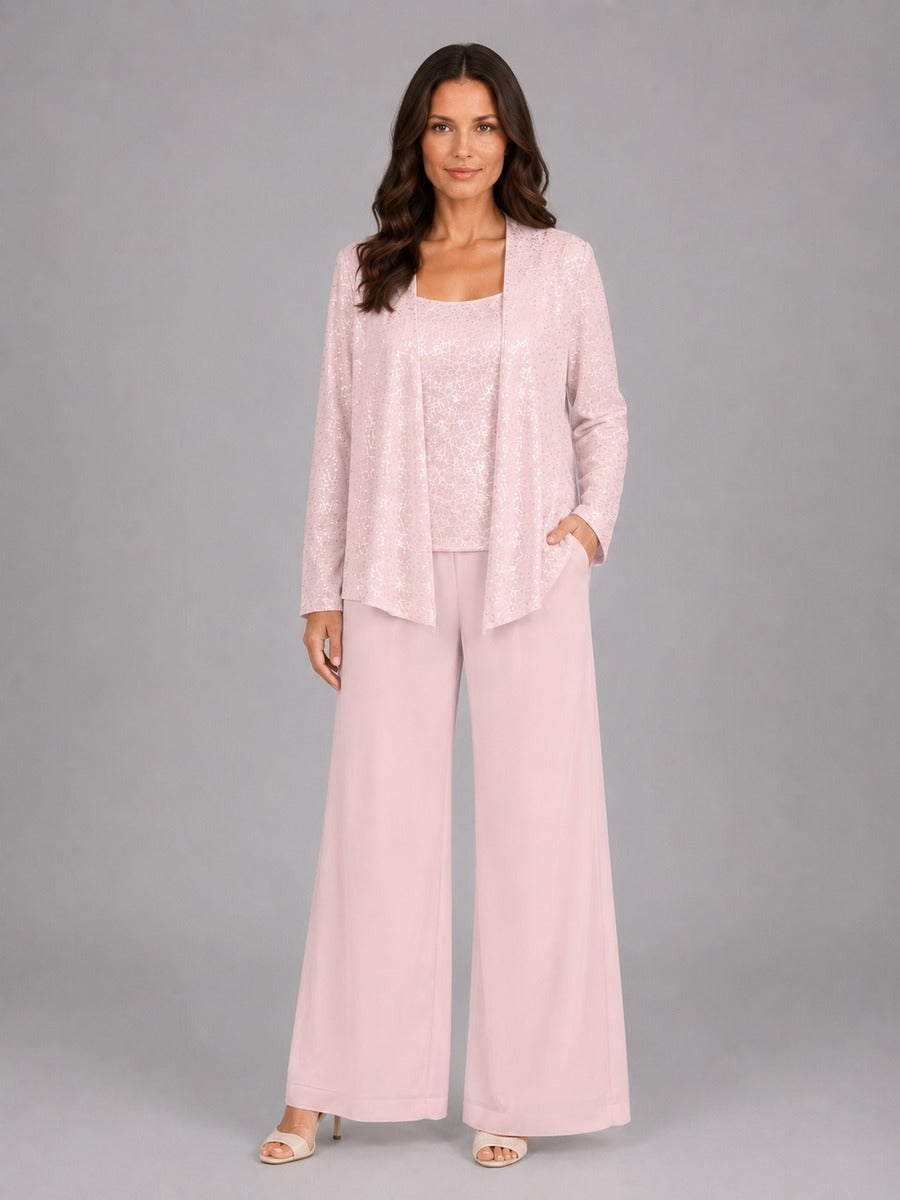 Zelinda, completo tre pezzi con giacca aperta in paillettes, top e pantaloni a gamba larga, rosa chiaro