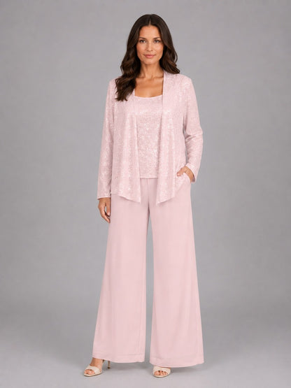 Zelinda, completo tre pezzi con giacca aperta in paillettes, top e pantaloni a gamba larga, rosa chiaro