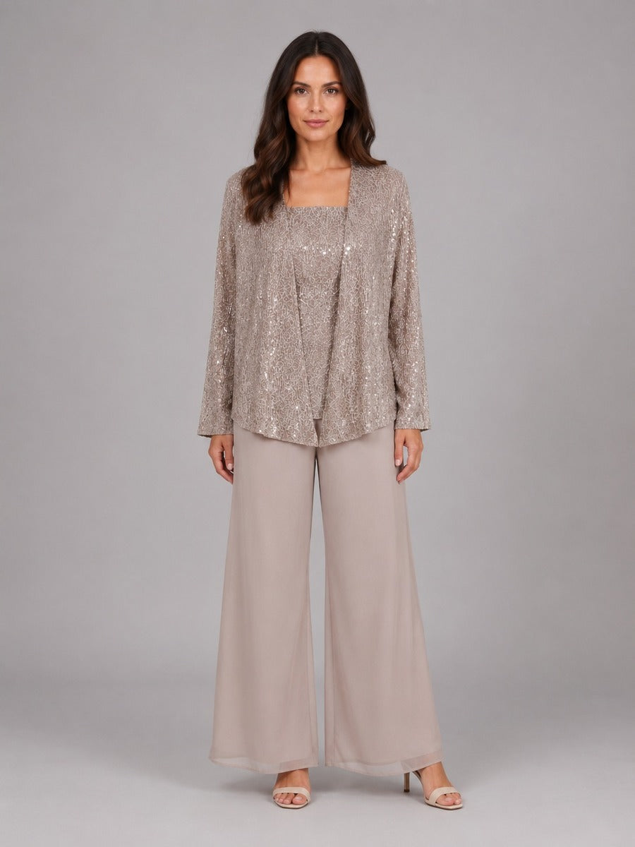 Zelinda, completo tre pezzi con giacca aperta in paillettes, top e pantaloni a gamba larga, tortora