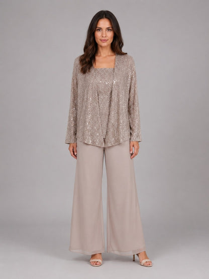Zelinda, completo tre pezzi con giacca aperta in paillettes, top e pantaloni a gamba larga, tortora